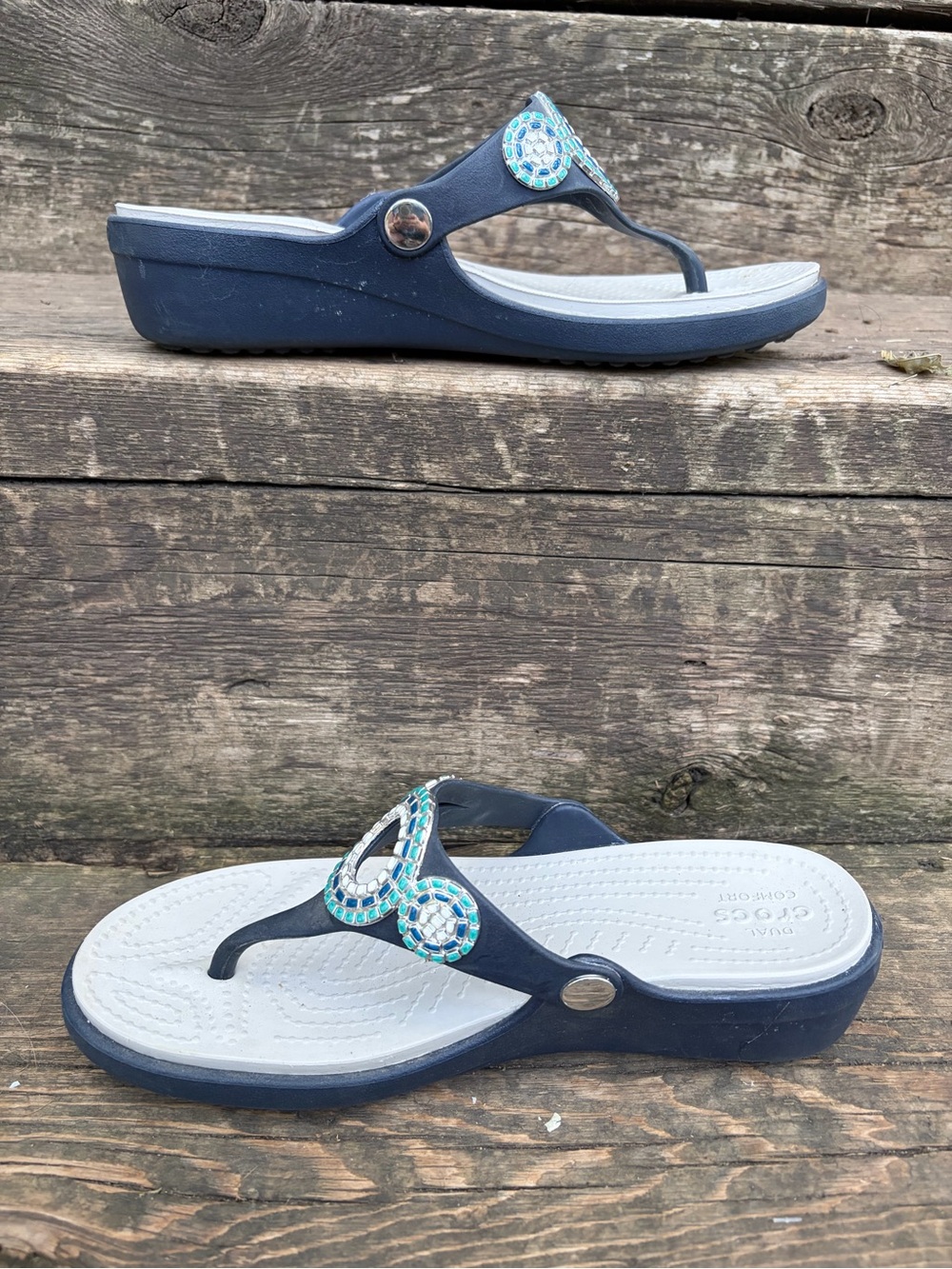 Crocs Women's Sanrah Diamonte Wedge Navy and White Embellished Flip Flop Sandals - Picture 3 of 5